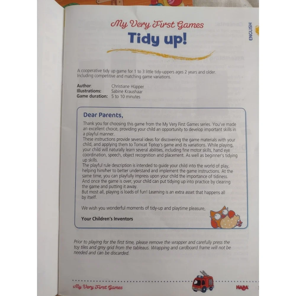 My Very First Tidy Up Board Game By Haba Made In Germany Complete Ages 2+